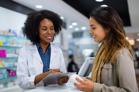 Female pharmacist assisting young hispanic woman in modern pharmacy - Powered by Adobe