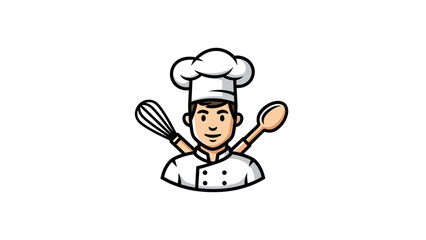 Cartoon chef with whisk and spoon, culinary professional.