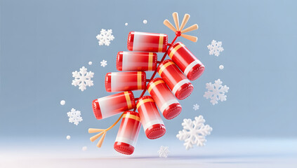 Festive Chinese firecrackers with scattered winter snowflakes