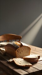 Freshly Baked Sourdough Loaf and Slices on a Rustic Wooden Table A Cinematic Still Life of Freshly