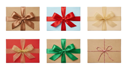 Six Gift Boxes with Colorful Ribbons and Bows on White Background, Top View