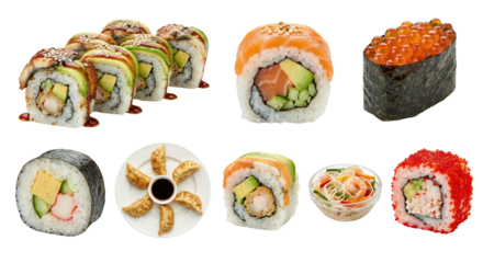 Assortment of Japanese Sushi Rolls, Nigiri, and Appetizers on White Background