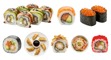Assorted Sushi Rolls and Japanese Appetizers Collage on White Background