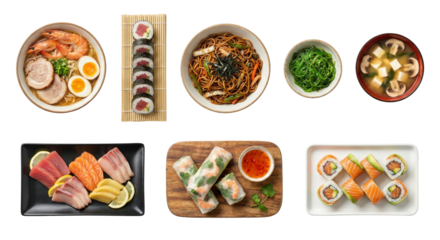 Japanese Cuisine Assortment: Ramen, Sushi, Sashimi, Noodles, Miso Soup, Spring Rolls