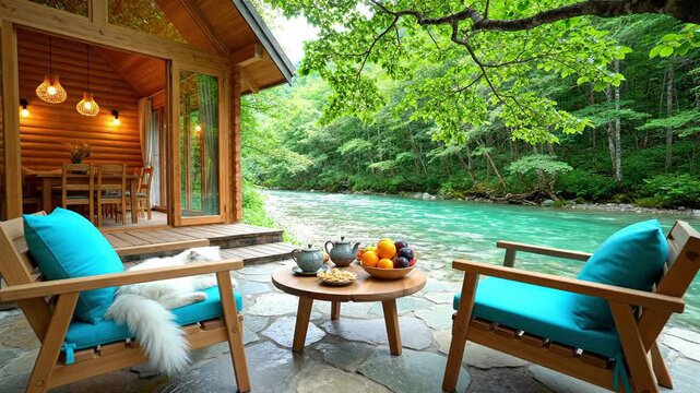 Luxury wooden cabin balcony overlooking a stunning turquoise river flowing through a lush green forest, offering a perfect peaceful weekend retreat with comfortable seating and a domestic cat.