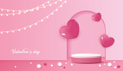 Pink podium display background products for valentine’s day in love platform. stand to show cosmetic with craft style. symbols of love for happy. vector design.