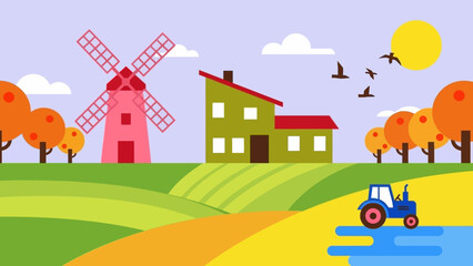 Rural landscape with farmhouse and windmill in autumn.