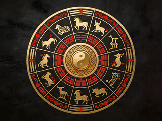 asian zodiac calendar illustration with yin yang center and 12 animal emblems