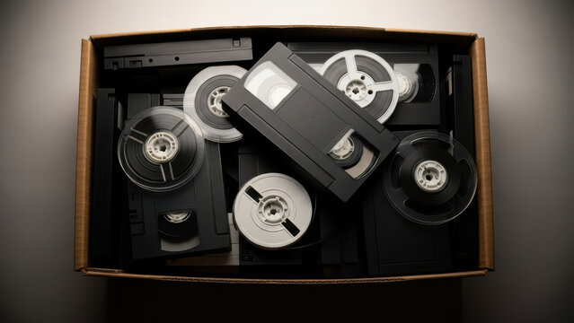 A box contains various video tapes and reels inside.