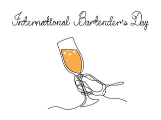 International Bartender's Day. Greeting card. Abstract hand with glass of champagne, continuous single one line art hand drawing sketch logo on white background