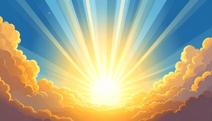 Vibrant cartoon sun shining brightly through fluffy clouds.