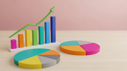 A colorful graph and two pie charts on a table display statistics and data analysis with a subtle bokeh effect.