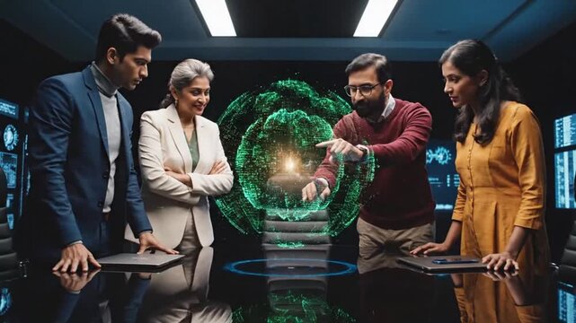 Diverse business team collaborating on innovative holographic technology in modern office setting with global connectivity vision