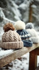 Obraz premium Warm hats placed on a wooden surface during winter snowfall in a forest