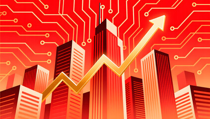 Modern technology city with rising golden trend lines