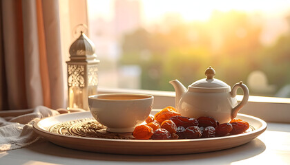 A serene Ramadan scene with dates and tea near a window, illuminated by soft natural light, conveying spirituality and tranquility during ramadan.