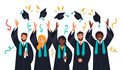 Diverse group of graduates celebrating with caps and gowns.
