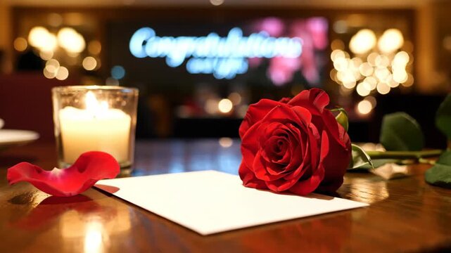 Romantic dinner setup with red rose on card, candle, and blurred restaurant background for special occasion or Valentine's Day