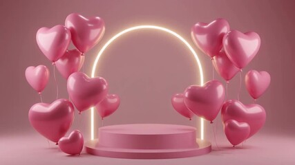 Pink heart balloons surround a glowing archway over a pink pedestal on a pink background for a romantic celebration or Valentine's Day display