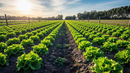 A serene landscape of vibrant green lettuce rows stretching far into the distance under a blue cloudy sky at sunrise.