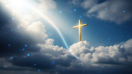 A serene and dreamy landscape of vibrant purple and pink clouds with a shining golden cross floating gently