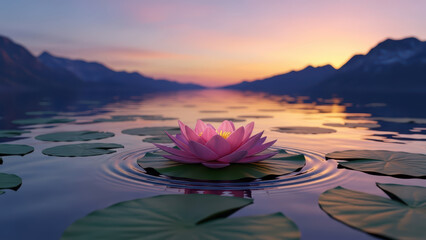 A serene landscape image of a vast green field filled with a pink lotus flower in a calm lake surrounded by mountains during sunset with lily pads and ripples.
