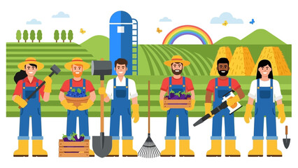 Diverse group of farmers standing together in a vibrant agricultural landscape.