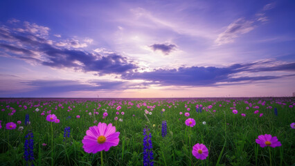 A serene landscape of a partly cloudy sky with the sun shining over a vibrant field of flowers.