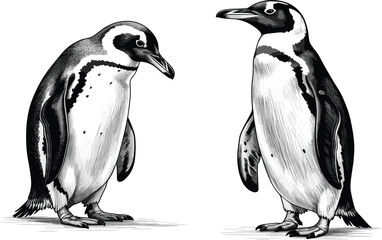 Pair of African penguins standing in vintage hand drawn engraving style for wildlife and nature conservation vector © Al