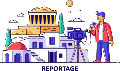 Cartoon depicts a reporter interviewing with a video camera at a historical site