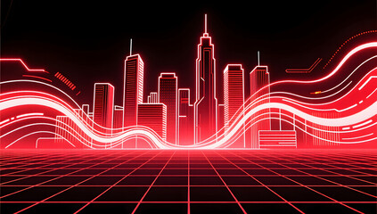 Neon red lines sketching a high tech business city