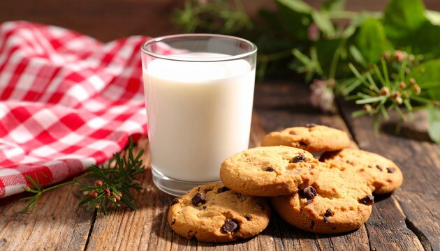 A delicious stack of homemade chocolate chip cookies sits next to a fresh glass of white milk, creating a sweet baked snack and healthy breakfast beverage isolated on a brown background