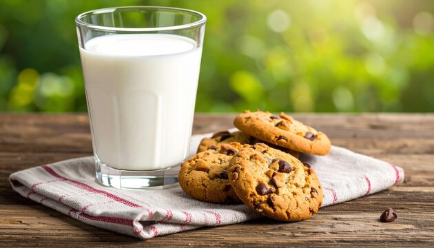 A delicious stack of homemade chocolate chip cookies sits next to a fresh glass of white milk, creating a sweet baked snack and healthy breakfast beverage isolated on a brown background