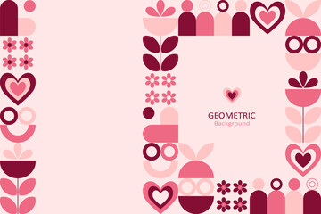 Geometric Valentine background with hearts, flowers, and abstract shapes in soft pink and red tones, leaving clean space for text, perfect for banners and romantic designs