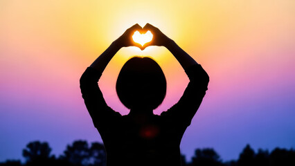 A person forms a heart shape with their hands against a vibrant sunset backdrop outdoors.