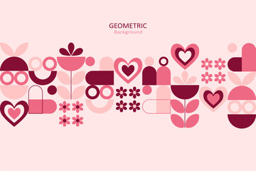 Geometric Valentine background with hearts, flowers, and abstract shapes in soft pink and red tones, leaving clean space for text, perfect for banners and romantic designs