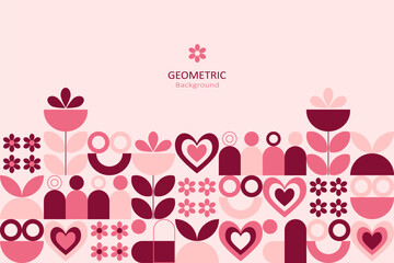 Geometric Valentine background with hearts, flowers, and abstract shapes in soft pink and red tones, leaving clean space for text, perfect for banners and romantic designs