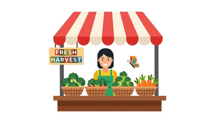 Fresh produce vendor selling vegetables at a market stall.