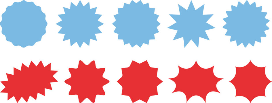 Illustration of six black shapes including two starbursts a banner a rectangle a circle and a shield shape editable eps vectors silhouette.Scattered black starburst shapes form a simple abstract