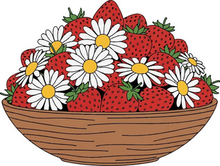 A bountiful basket overflows with ripe red strawberries and cheerful white daisies
