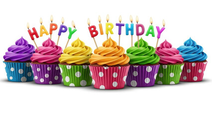 A vibrant row of six cupcakes with swirled frostings in purple, pink, green, orange, yellow, and blue colors are arranged with lit candles and colorful birthday letters on top.