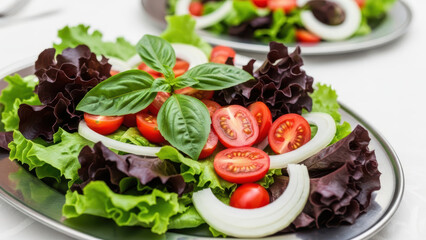 A vibrant assortment of fresh salad items arranged on silver plates.