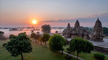 Obraz premium Serene Sunrise Over Ancient Temple Complex Surrounded by Lush Green Landscape and Misty Horizon