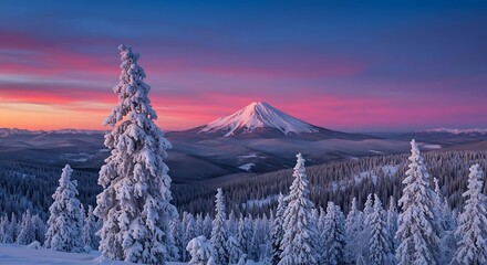 Snowy Mountain Landscape with Pine Trees at Sunset