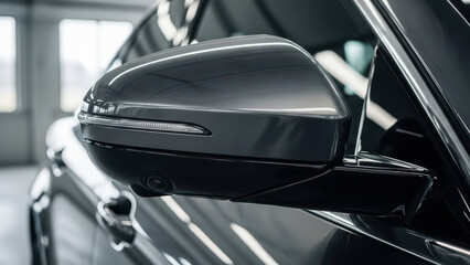 Close-up view of a sleek dark-colored car's side mirror in a garage or showroom with natural light.