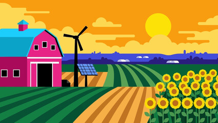 Vibrant rural landscape with pink barn and sunflowers. © Abhinaya Project