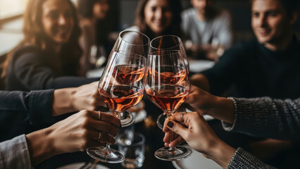 Diverse hands hold wine glasses with rose-colored liquid in a social gathering at a table with people