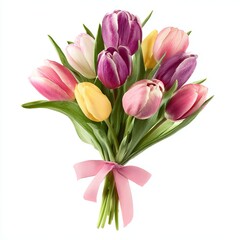 Obraz premium Colorful tulips bouquet with pink ribbon isolated on white