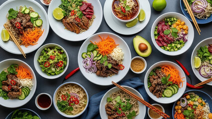 An overhead view showcases an assortment of Asian-inspired dishes on a table with various ingredients and utensils.