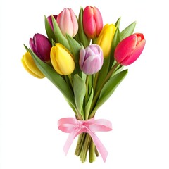Obraz premium Colorful tulips bouquet with pink ribbon on white background